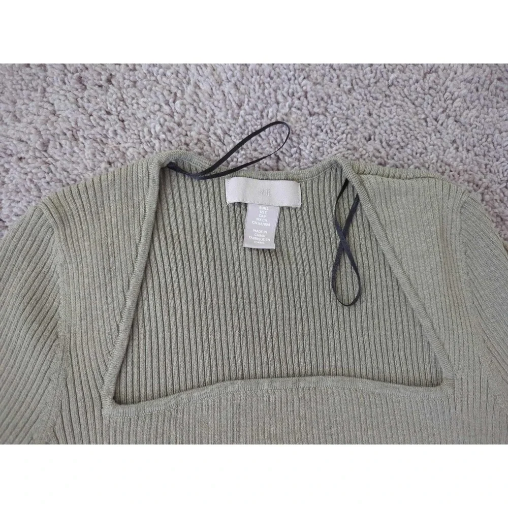 H&M Bodycon Dress Womens S Green Long Sleeve Square Neck Ribbed Knit Midi - Picture 2 of 8
